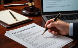 Close-up of a hand holding a pen while filling out a car accident claim form, with a gavel and laptop in the background.