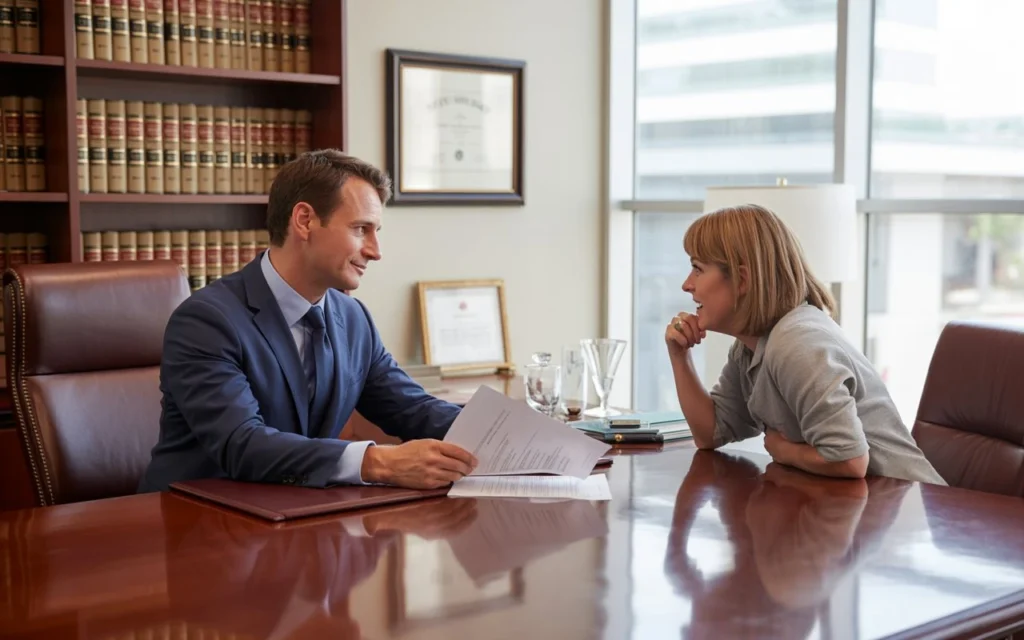 A confident lawyer discussing legal documents with a client in an office setting, with bookshelves in the background.