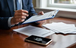 Attorney reviewing accident related legal documents on a clipboard, with a damaged smartphone placed on a desk.