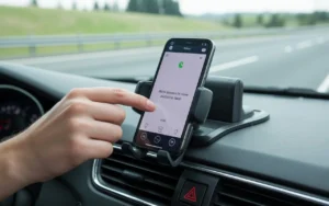Close-up view of a phone mounted on a car dashboard, showing an incoming call while driving on a highway.