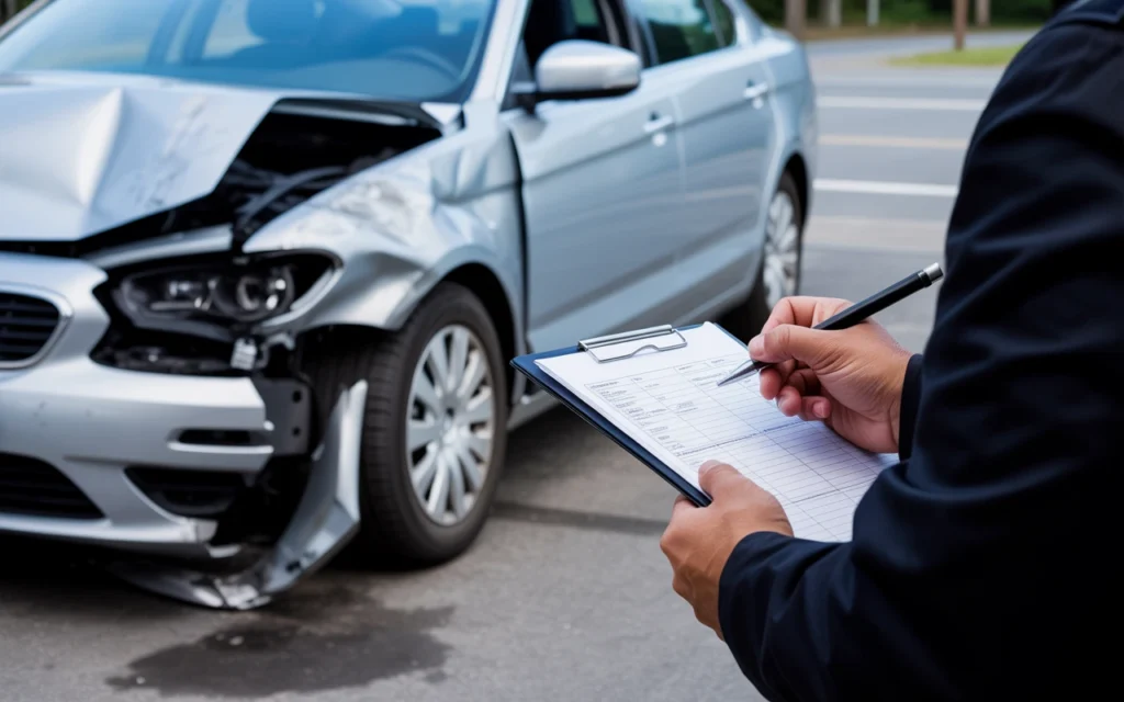 Insurance adjuster reviewing car accident damage and filling out a claim form in front of a heavily damaged vehicle.