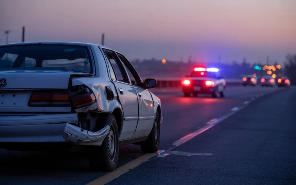 Severely damaged car stopped on the roadside after a collision, with police lights flashing in the distance at dusk.