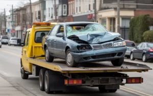 Insurance adjuster reviewing car accident damage and filling out a claim form in front of a heavily damaged vehicle.