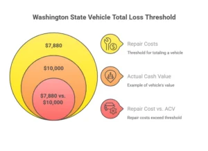 Infographic showing Washington state’s vehicle total loss threshold with repair costs, actual cash value, and comparison.