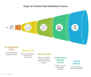 Infographic depicting steps to combat fake settlement scams, including not depositing checks, reporting to FTC, filing with CFPB, contacting state attorney general, and consulting an attorney.