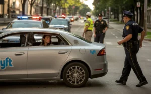 Lyft driver being stopped by police officers, with emergency lights flashing on the vehicles in an urban setting.