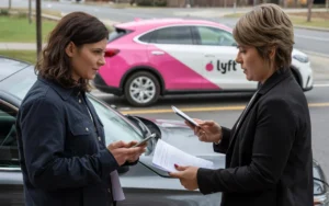 Two people exchanging information and documents at the scene of a minor car accident, with a Lyft car in the background.