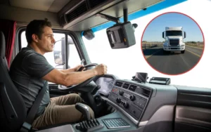 Truck driver in a cabin with a driver-facing camera mounted, preparing for a highway drive with a clear view of the road ahead.