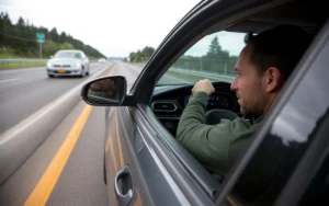 Driver calmly reacting to an oncoming car in the opposite lane on a highway.