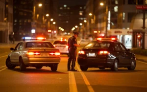 Police officer conducting a traffic stop between two patrol cars on a city street at night.