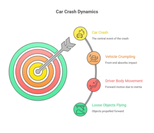 Infographic illustrating car crash dynamics including vehicle crumpling, driver body movement, and loose objects flying.