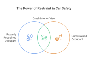 Infographic explaining the power of seatbelt restraint in car safety comparing restrained and unrestrained occupants.