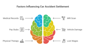 Infographic showing factors influencing car accident settlement such as medical records, MRI scans, vehicle damage, lost wages, pay stubs, and physical therapy.