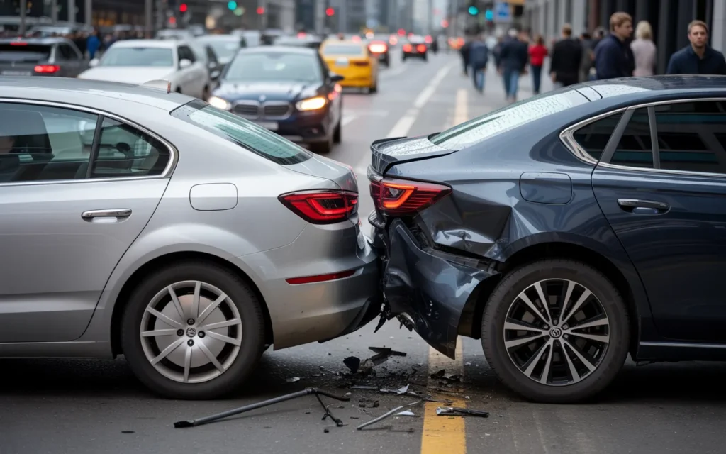 Rear-end collision between a silver and black car in the middle of a busy city street, with the scene showing damages to both vehicles.