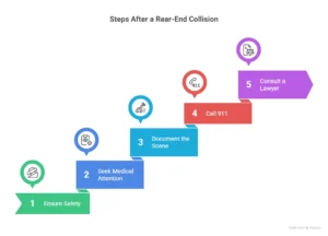 Infographic illustrating the essential steps to take after a rear-end collision, including ensuring safety, seeking medical attention, and contacting a lawyer.