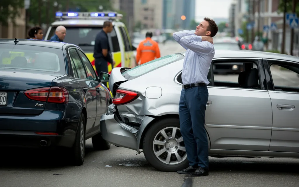 Driver holding his neck while standing beside a damaged car after a rear-end collision as emergency responders arrive.