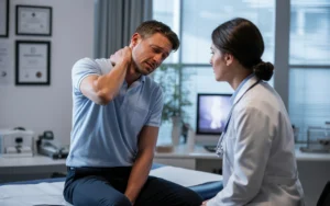 Man experiencing neck pain speaking with a doctor during a medical consultation after a car accident injury.