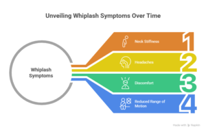 Infographic explaining common whiplash symptoms over time including neck stiffness, headaches, discomfort, and reduced range of motion.