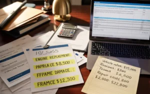 A close-up of a legal document showing car accident repair costs with breakdown details at Elsner Law Firm in Seattle, WA, for clients in Capitol Hill, Ballard, and Downtown Seattle.