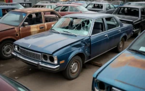 A damaged car in a Seattle salvage yard, indicative of severe collision damage, relevant for personal injury claims at Elsner Law Firm in Seattle, helping clients from Queen Anne, Fremont, and Green Lake.