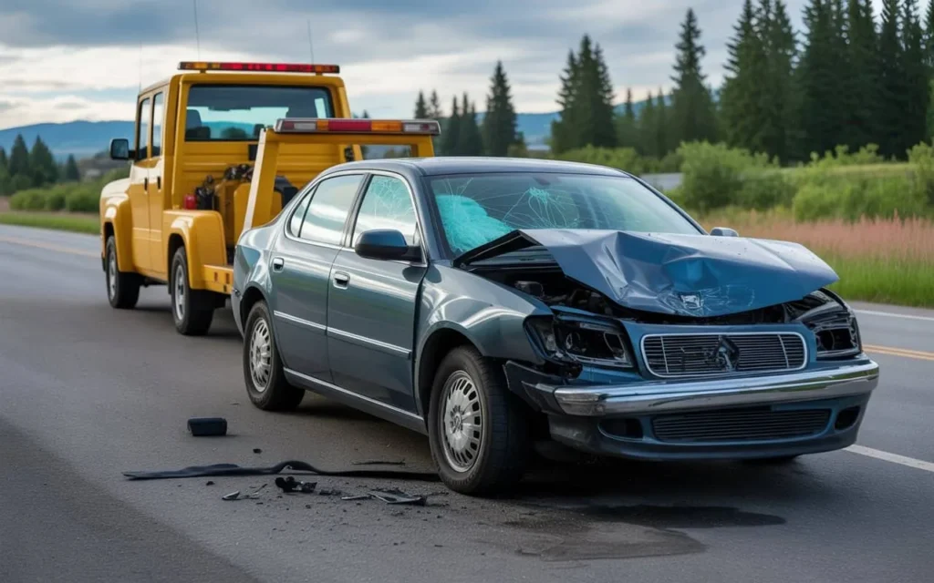 A towed vehicle with severe damage after a collision, representing car accident claims handled by Elsner Law Firm in Seattle, serving the University District, Capitol Hill, and Magnolia areas.