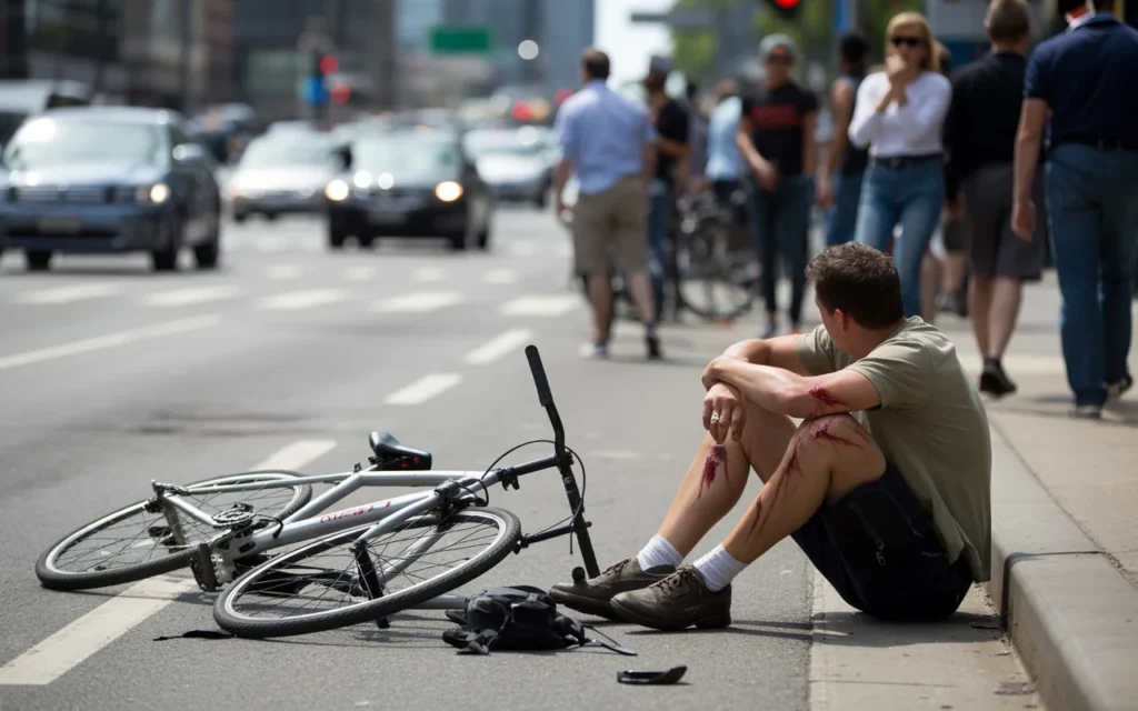 Cyclist injured in a bike accident sitting on the road with cuts on his legs, surrounded by people and traffic in the background.