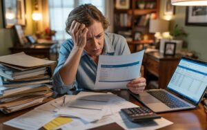 Middle-aged woman reviewing paperwork with a calculator at a desk, looking stressed and overwhelmed.