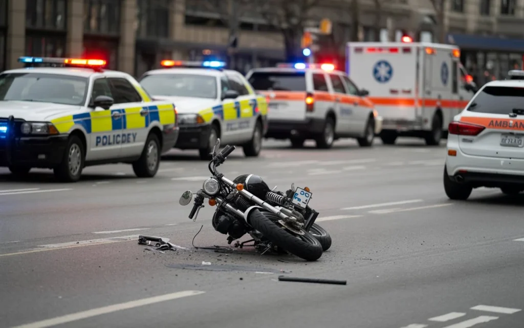 Motorcycle accident on a city street with police and emergency vehicles responding to the scene.