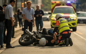 Motorcycle crash with emergency responders attending to the injured rider on the roadside.