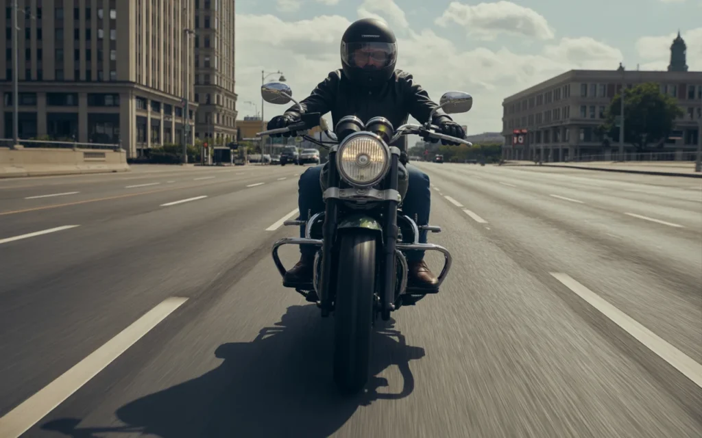 Motorcycle rider with a helmet cruising down a wide city street during daylight.