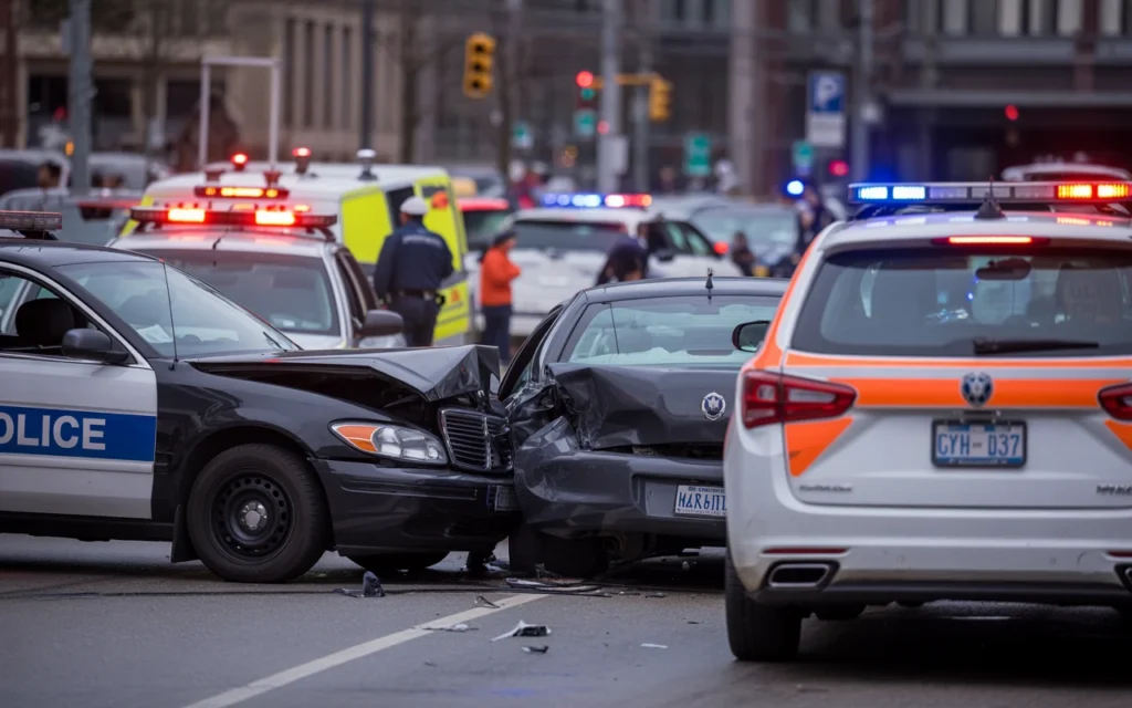 Multi vehicle car accident at a city intersection with police and emergency responders on the scene.