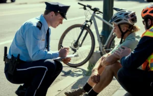 Police officer writing a report as an injured cyclist sits on the sidewalk with a helmet on, assisted by emergency responders.