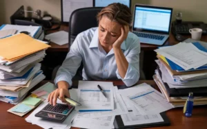 Stressed office worker reviewing accident related bills and paperwork while using a calculator at a cluttered desk.