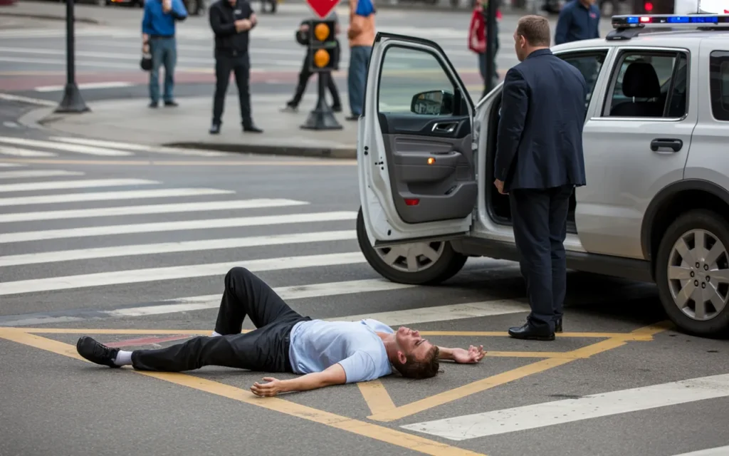 An injured person sitting on the sidewalk after a crosswalk accident with blood on their legs.