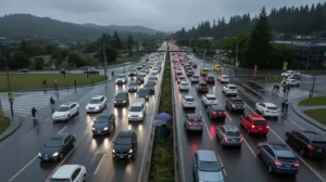Aerial view of heavy traffic on a rainy multi-lane road with cars and pedestrians crossing at intersections.