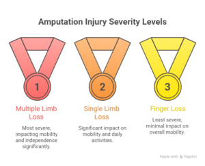Infographic showing amputation injury severity levels including multiple limb loss, single limb loss, and finger loss.