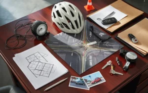 Flat lay of bicycle accident evidence including a helmet, intersection diagram, photos, keys, and documents used to investigate the crash scene