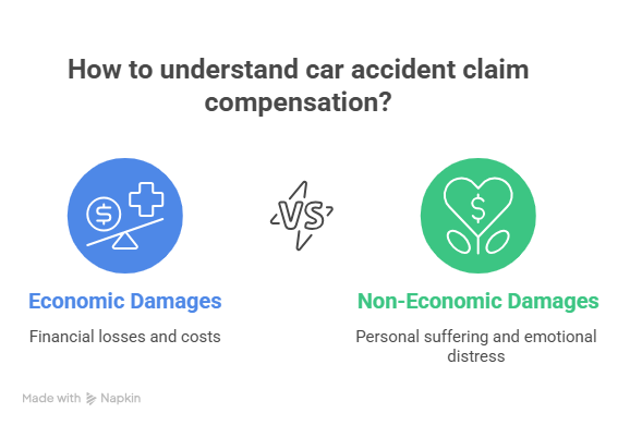 Infographic explaining car accident claim compensation comparing economic damages such as financial losses and non-economic damages like emotional suffering.