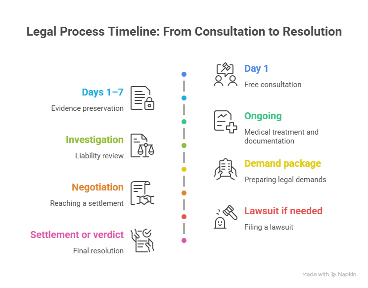 Infographic showing the legal process timeline for a car accident case from consultation and investigation to negotiation, lawsuit, and settlement.