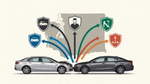 Infographic showing two cars in a frontal collision with arrows pointing to icons representing insurance coverage types across a state map