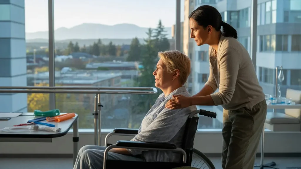 Caregiver assisting a woman in a wheelchair during recovery in a rehabilitation center with large windows and medical equipment nearby.