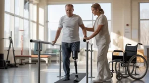Catastrophic injury patient with prosthetic leg working with physical therapist during rehabilitation therapy in modern medical facility