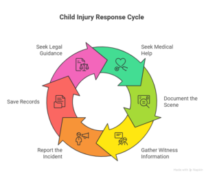 Circular child injury response infographic showing steps to seek medical help, document the scene, gather witness information, report the incident, save records, and seek legal guidance.