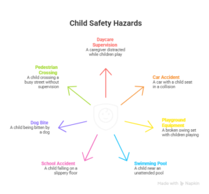 Illustrated child safety hazards infographic showing daycare supervision risks, car accidents, playground equipment dangers, swimming pool hazards, school accidents, dog bites, and pedestrian crossing risks.