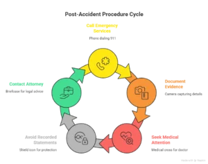 Circular infographic illustrating emergency response process including call emergency services, document evidence, seek medical attention, secure evidence, and contact attorney
