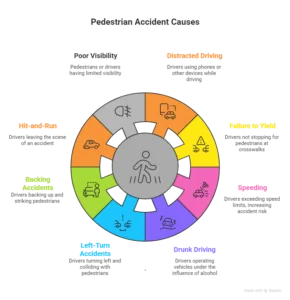 Circular infographic showing eight common causes of pedestrian accidents including distracted driving, speeding, drunk driving, and failure to yield at crosswalks.