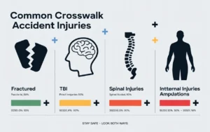 Infographic depicting common crosswalk accident injuries including fractures, TBI, spinal injuries, and internal injuries.