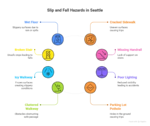 Infographic showing common slip and fall accident causes including wet floors, cracked sidewalks, broken stairs, icy walkways, cluttered walkways, parking lot potholes, poor lighting, and missing handrails.