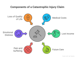 Diagram showing the components of a catastrophic injury claim, including medical costs, lost income, future care, pain and suffering, emotional distress, and loss of quality of life