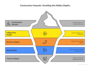 Iceberg infographic illustrating the hidden depths of construction hazards including falling from height, struck by object, electrocution, and trench collapse risks on job sites.